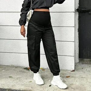 Black Casual Womens Maternity Flap Pocket Side Adjustable Waist Cargo Pants